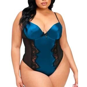 NWT Frederick's of Hollywood Teal Blue Beatrice Lace Satin Teddy Sz S